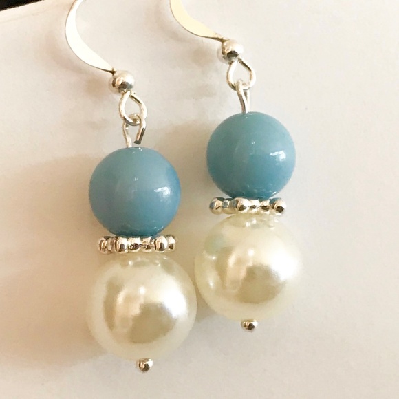 Silver Light Blue Bead Pearl Earrings Handmade - Picture 3 of 8